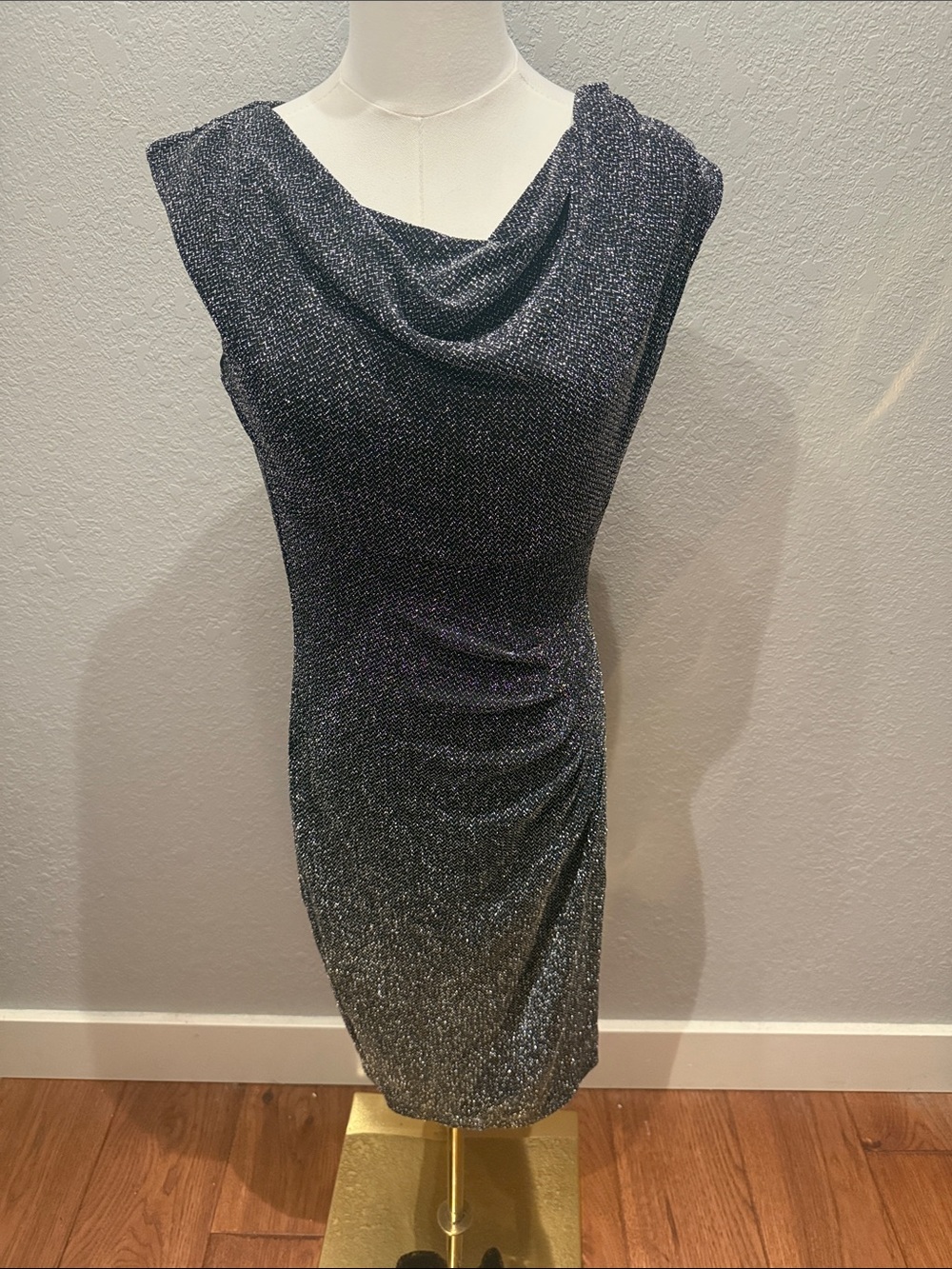 Sparkle Cowl Neck Sheath Dress in Dark Silver